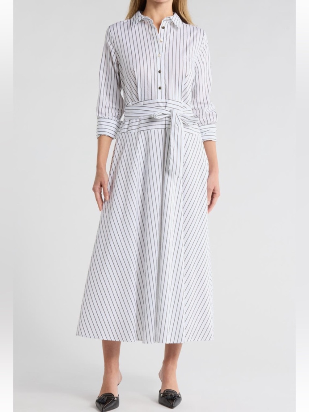Ellen Tracy Striped White Button-Front Shirt Dress with Waist Tie